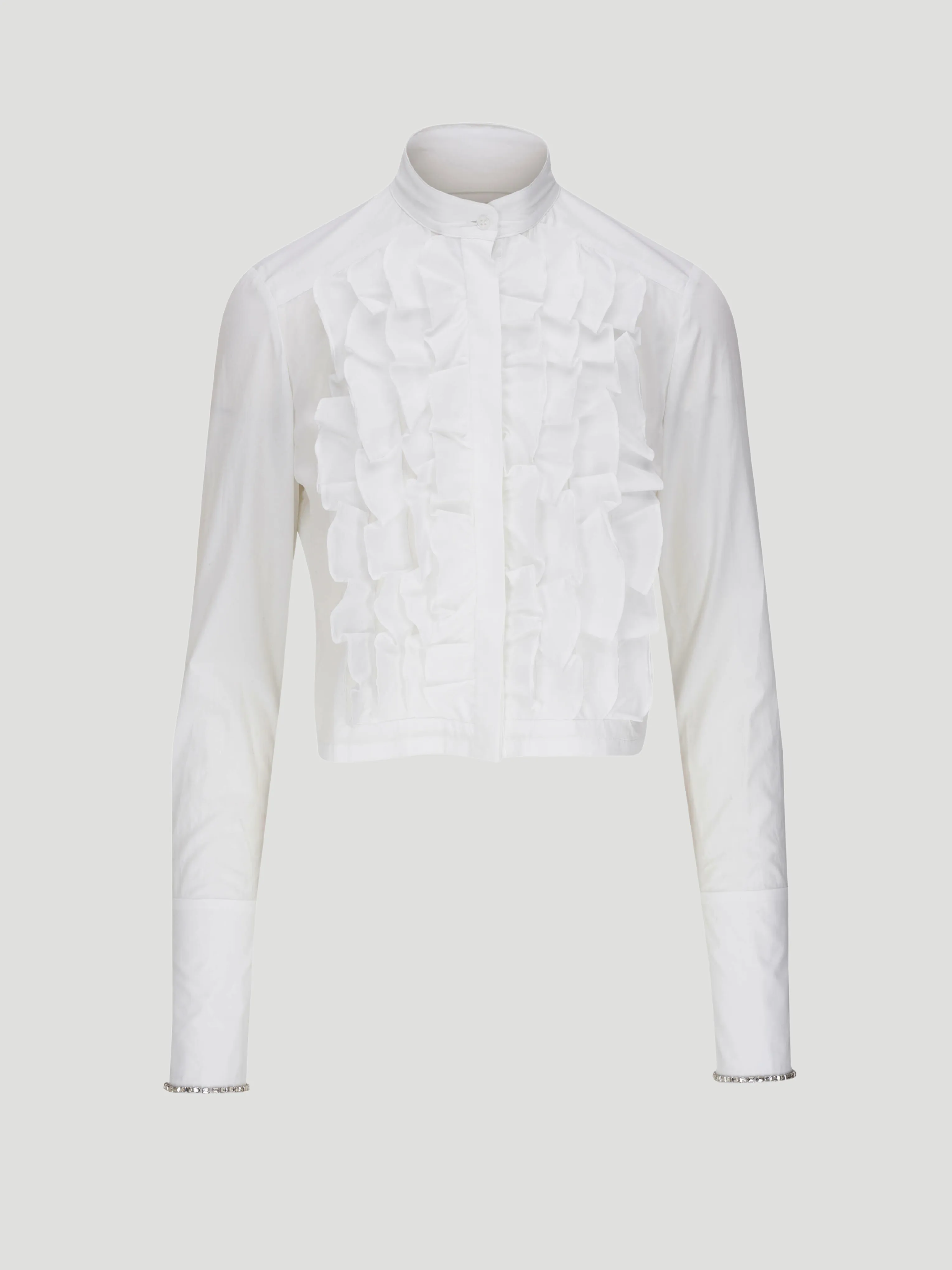 Patti Cotton Ruffle Shirt with Crystal-Embroidered Cuffs in White
